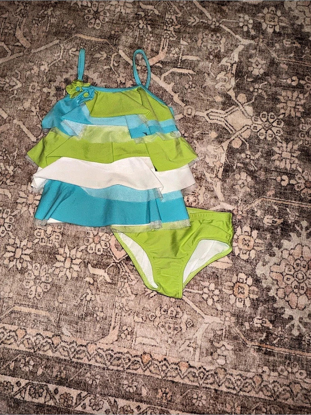 Isabella and Chloe Girls Striped Swimsuit Set in Green & Blue Size 2T